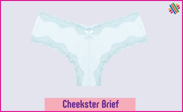 Pale turquoise colored cheekster panty with narrow lace and a bow.