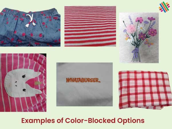 Examples of color blocked garment and fabrics.